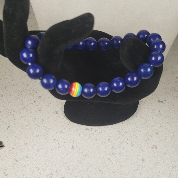 Lapis Lazuli Crystal Gemstone Round Beaded Stretch Bracelet with One Rainbow - Picture 2 of 5